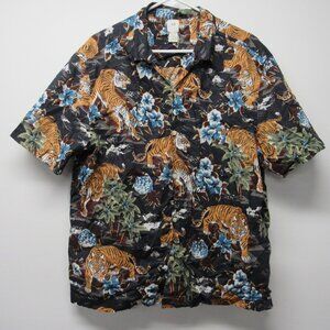 H & M Tiger Exotic Jungle Print Button Front Hawaiian Camp Shirt Men's sz XL